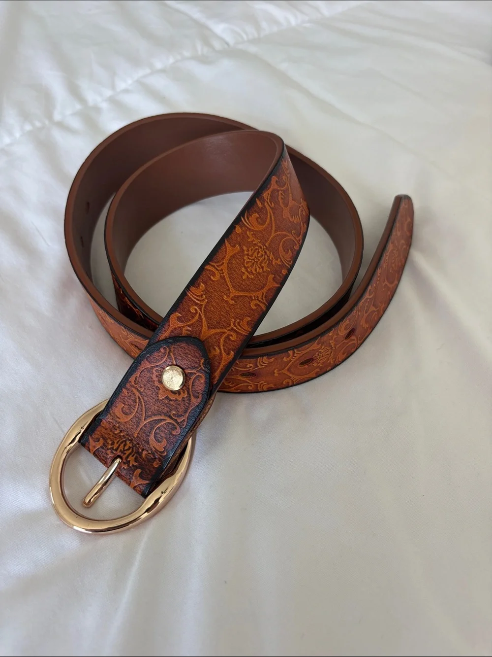 Brown Floral-Embossed Belt with Oval Buckle
